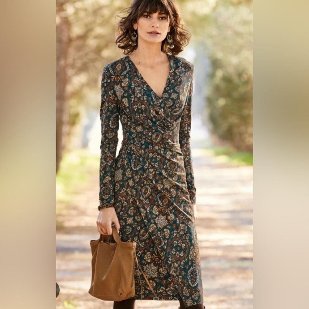 Long Sleeve Teal Floral Wrap Dress